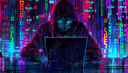 Fraud or scam background. Abstract hacker behind the monitor hologram with programmer code. Cybercriminal on a background. Cyber attack, computer hack, cybersecurity concept. Vector illustration