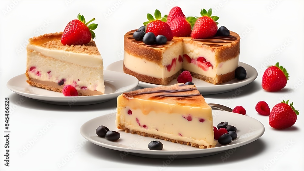 Isolated on a transparent png background are three cake slices with berries and strawberry cheesecake, a creme brulee plate, and a tiramisu or coffee cake. Isolated on a transparent png background are three cake slices with berries and strawberry cheesecake, a creme brulee plate, and a tiramisu or coffee cake.