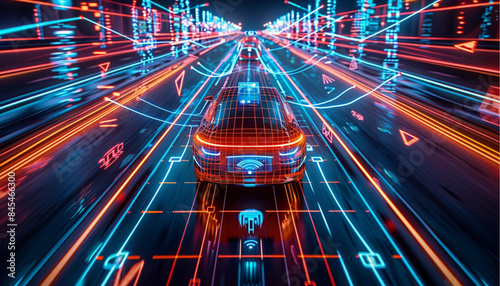 Autonomous car with touch sensors in a futuristic style. A smart vehicle with motion sensors for safe driving. Vector illustration of a holographic transport