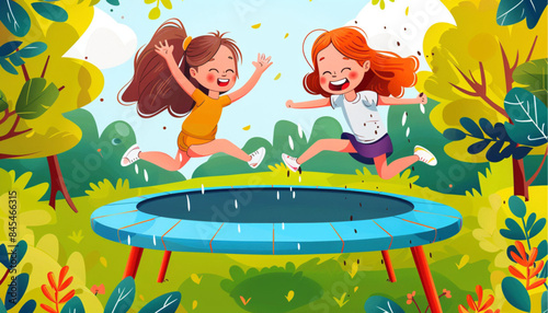 Smiling children jumping on trampoline
