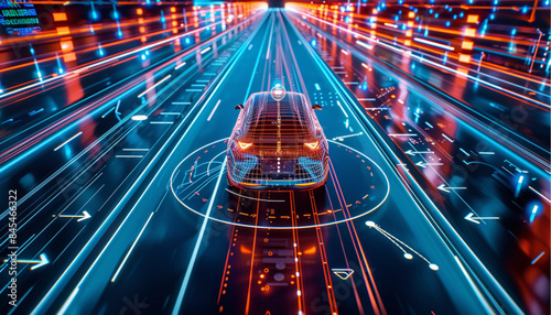 Autonomous car with touch sensors in a futuristic style. A smart vehicle with motion sensors for safe driving. Vector illustration of a holographic transport