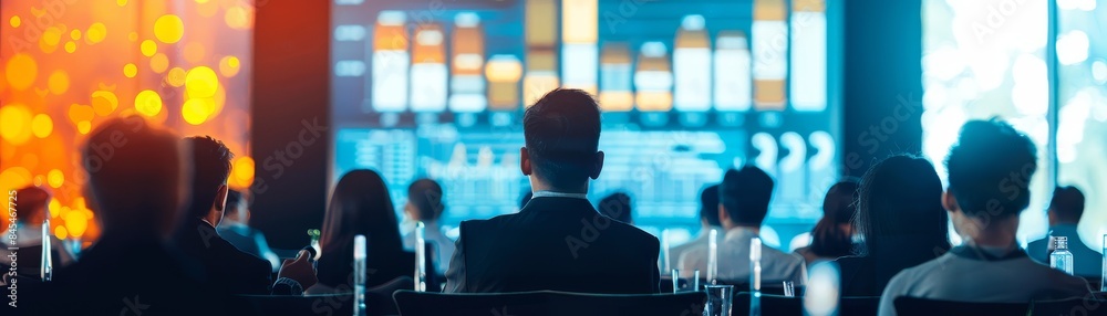 A scene showing a technology industry conference with experts presenting data trends and real-time analytics, emphasizing the impact of data innovation on business technology and tech disruption