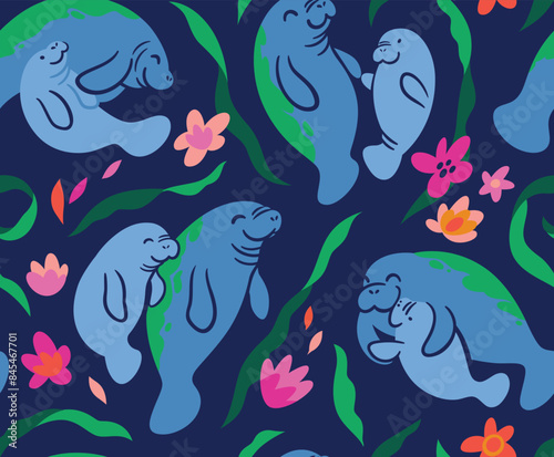 Cute Manatees with babies. Vector pattern design