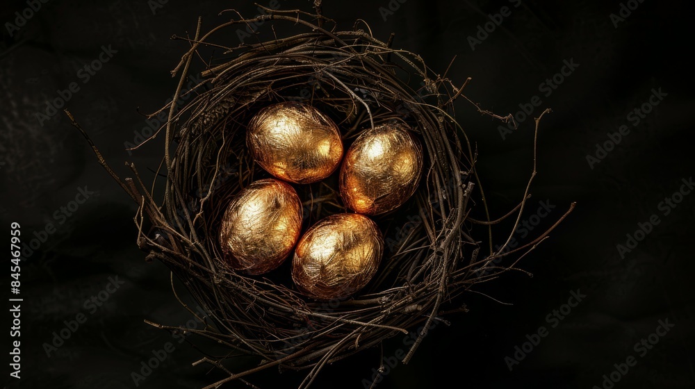 Golden eggs in a nest on dark background with copy space Golden eggs in a nest on dark background with copy space