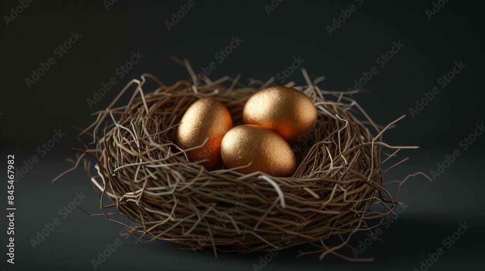 Golden eggs in a nest on dark background with copy space Golden eggs in a nest on dark background with copy space