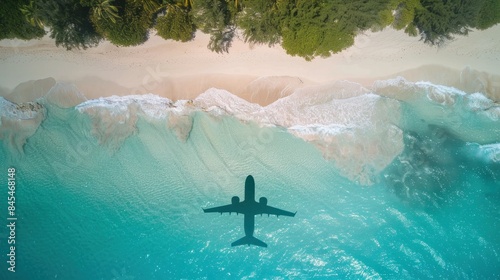 Fototapeta Naklejka Na Ścianę i Meble -  A drone shot shows the silhouette of a plane flying over a beach scene.