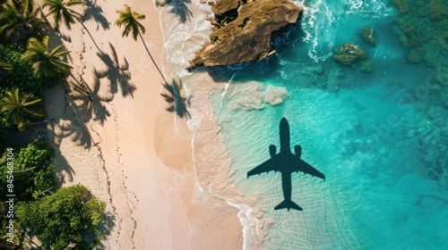 Fototapeta Naklejka Na Ścianę i Meble -  A drone shot shows the silhouette of a plane flying over a beach scene.