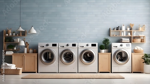 Wide banner mockup design with copy space section featuring washing machines in a neatly arranged utility laundry room or washing service room interior front view shot