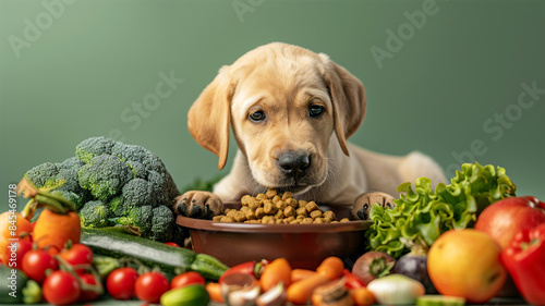 Puppy with dog food and vegetables on green background. Preparing natural natural, organic food for pets at home. Concept for dog food