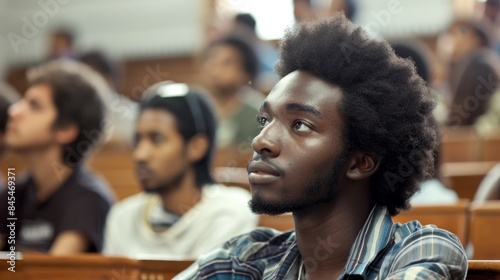 An attentive black Afro-American student actively participating in a college lecture, reflecting dedication and eagerness to absorb knowledge