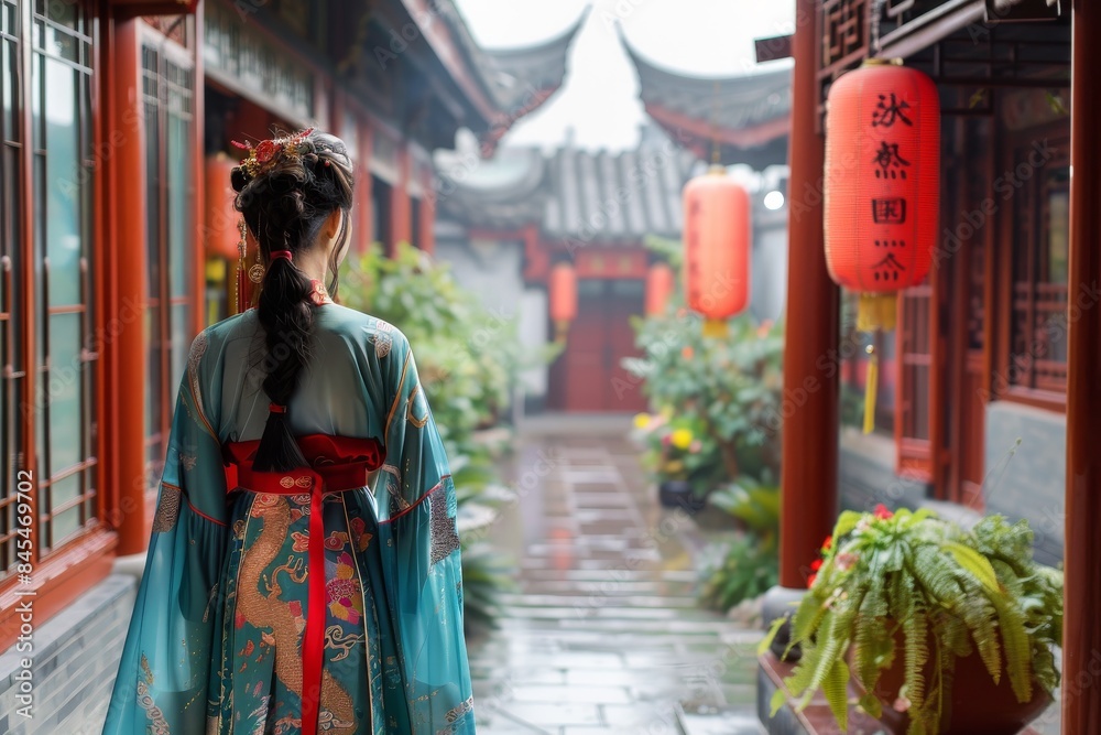 A Woman in Traditional Chinese Attire Walks Through a Red Lanterns Adorned Courtyard