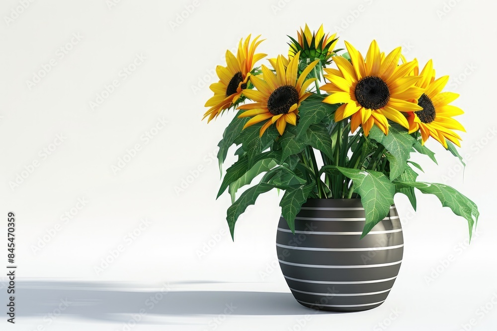 A sunflower plant in a stylish pot positioned against a shaded background A sunflower plant in a stylish pot positioned against a shaded background