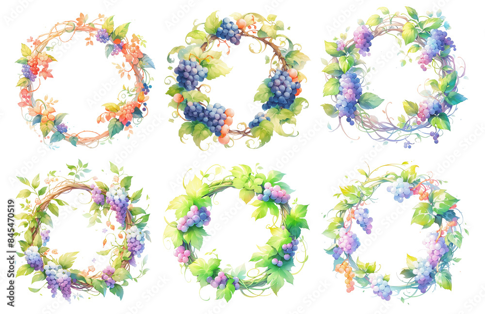 A collection of six watercolor grapevine wreaths, each featuring intricate details of green leaves and clusters of colorful berries A collection of six watercolor grapevine wreaths, each featuring intricate details of green leaves and clusters of colorful berries