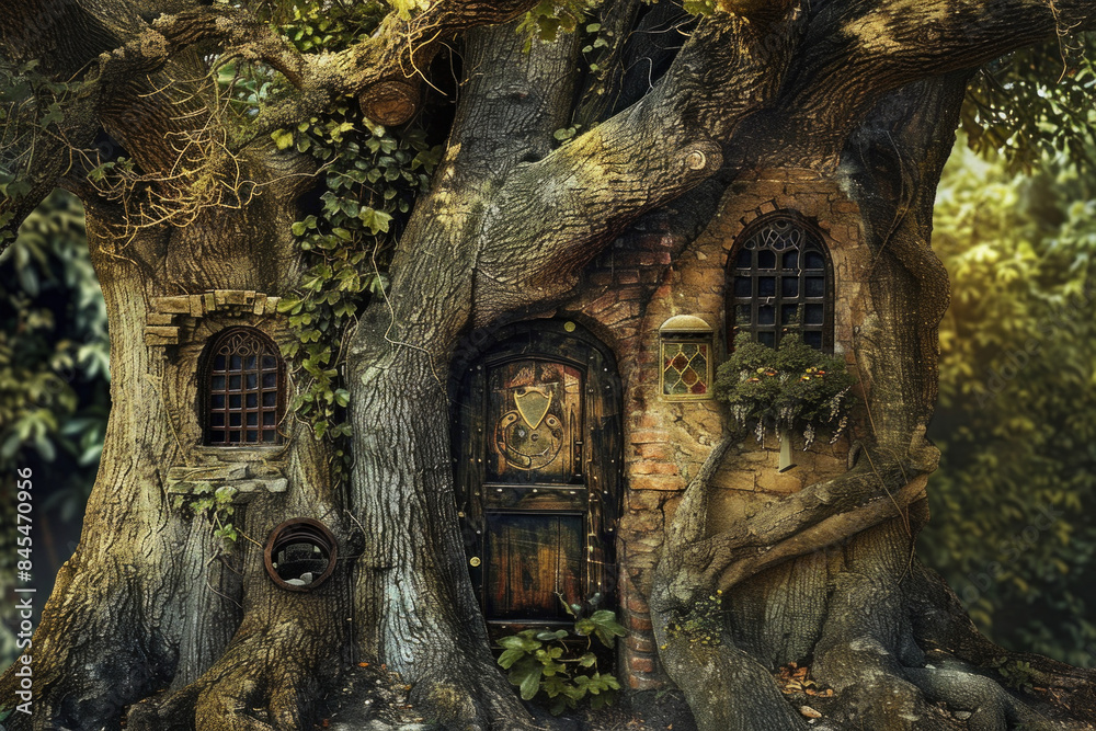 A tree with hidden doors and windows, suggesting secret passages and rooms within its trunk and branches, inviting exploration and the discovery of hidden worlds. A tree with hidden doors and windows, suggesting secret passages and rooms within its trunk and branches, inviting exploration and the discovery of hidden worlds.