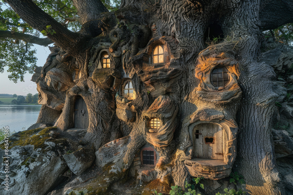 A tree with hidden doors and windows, suggesting secret passages and rooms within its trunk and branches, inviting exploration and the discovery of hidden worlds. 