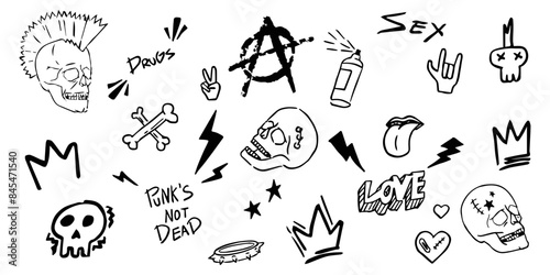 Punk elements collection. Vector marginal doodle illustrations, signs, objects, symbols. Cartoon rock star icon for music band, concert, party. Isolated on white background.