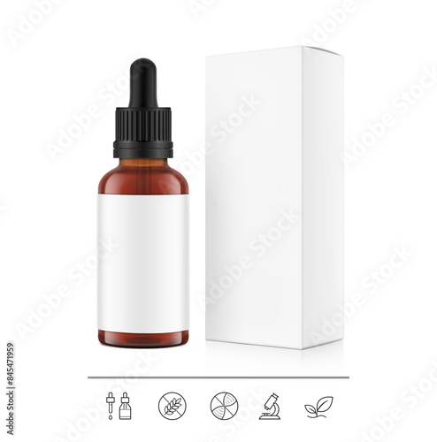 Realistic paperboard packaging box mockup with dropper bottle mockup isolated on white background. Vector illustration. Сan be used for cosmetic, medical and other needs. EPS10.