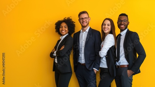 Team of business people on yellow background