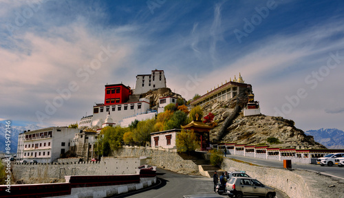 Wallpaper Mural Thiksay monastery with view of Himalayan mountians and blue sky with white clouds in background,Ladakh,Jammu and Kashmir, India Torontodigital.ca