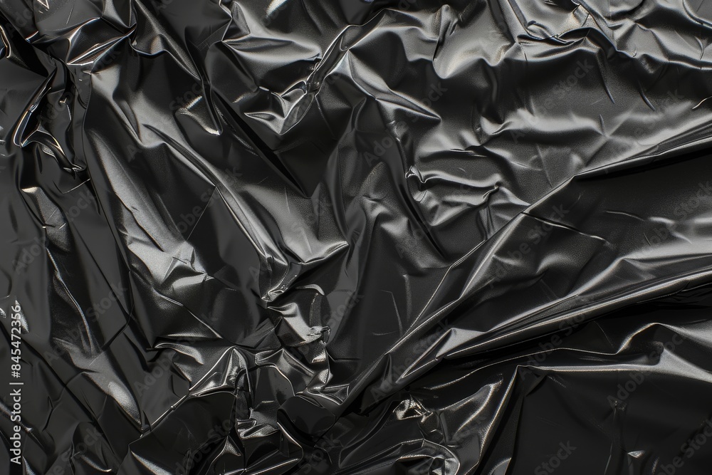 Abstract Crumpled Black Plastic Background with Shiny Wrinkles,