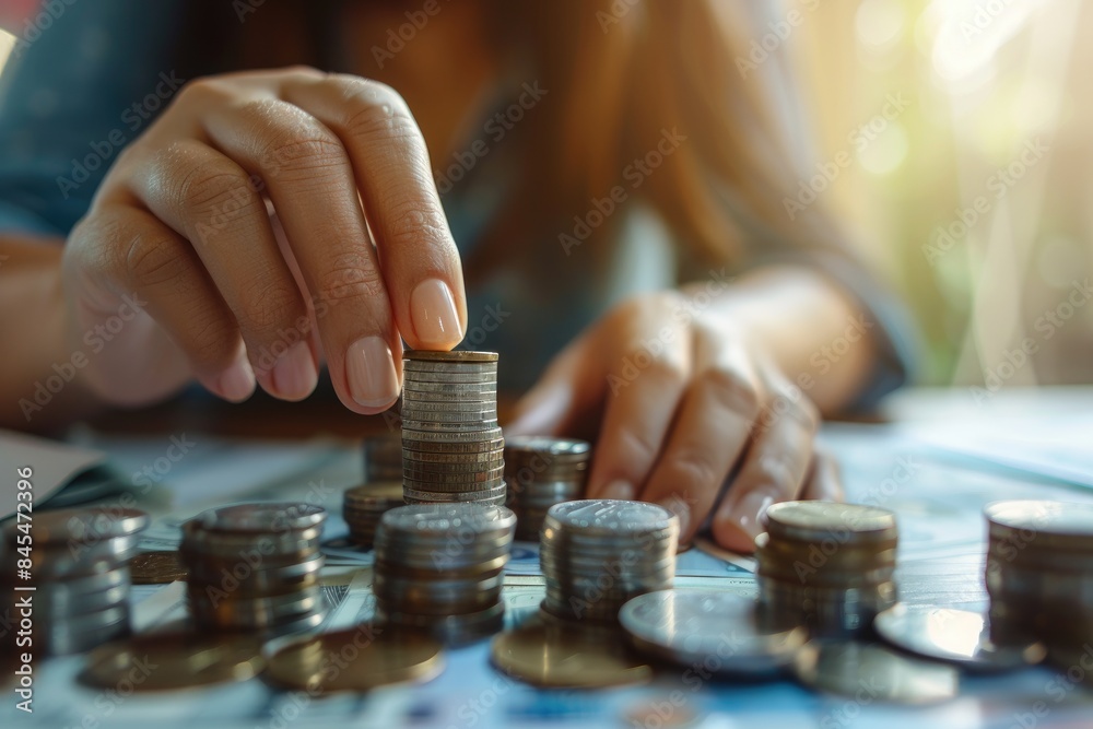 Female hand stacking coins counting on table. Saving economy investment wealth. Female hand stacking coins counting on table. Saving economy investment wealth.