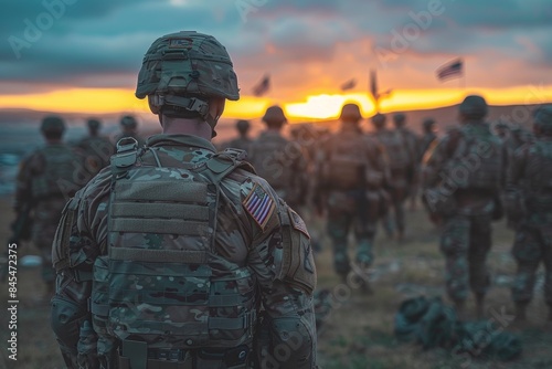 Soldier in foreground with comrades at sunset
