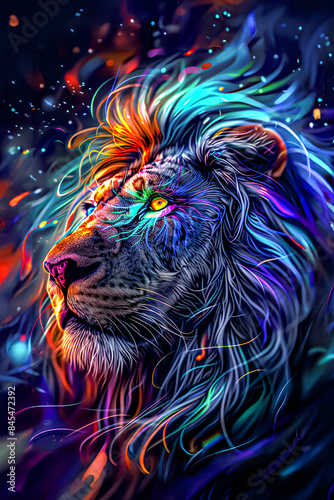 Majestic lion portrait, colorful mane