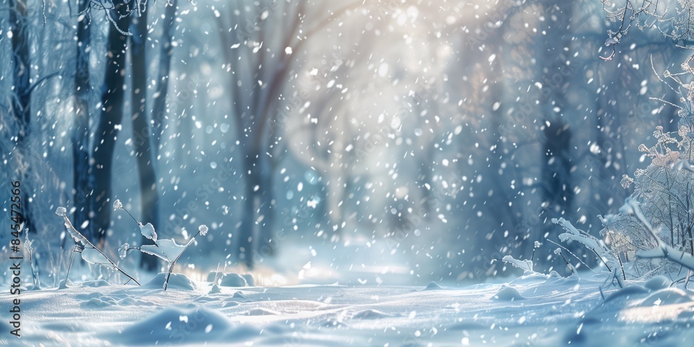Beautiful winter-themed wide format background with blurry image of a winter forest and light snowfall Beautiful winter-themed wide format background with blurry image of a winter forest and light snowfall