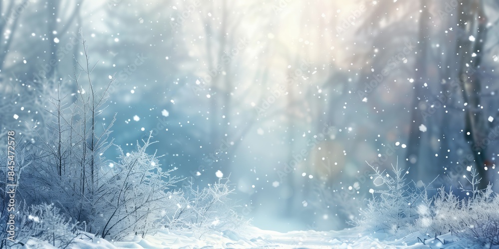 Beautiful winter-themed wide format background with blurry image of a winter forest and light snowfall Beautiful winter-themed wide format background with blurry image of a winter forest and light snowfall