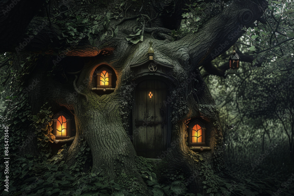 A tree with hidden doors and windows, suggesting secret passages and rooms within its trunk and branches, inviting exploration and the discovery of hidden worlds. 