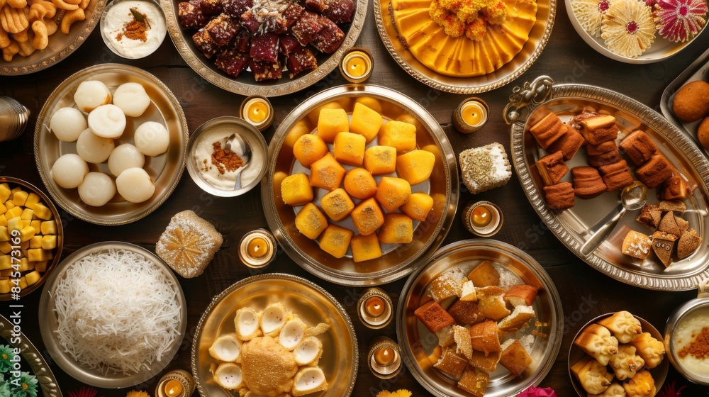 High-angle view of a traditional Indian dessert buffet with sweets like rasgulla, barfi, and kheer High-angle view of a traditional Indian dessert buffet with sweets like rasgulla, barfi, and kheer