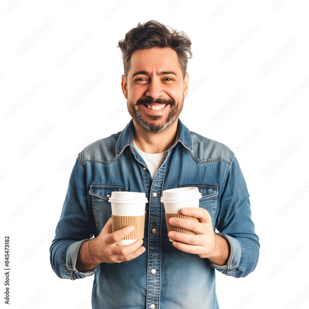 Man with a coffee cup on white background