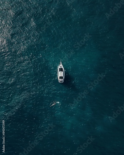 A yacht is floating on the sea, aerial view from a drone perspective, in a minimalist style