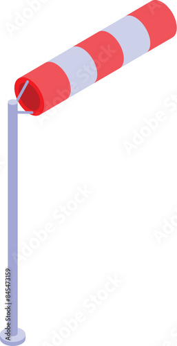 Red and white windsock is attached to metal pole and showing wind direction