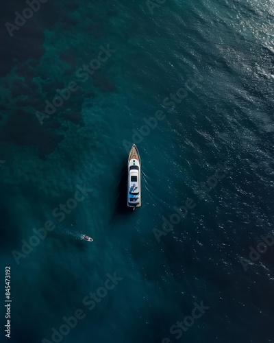 A yacht is floating on the sea, aerial view from a drone perspective, in a minimalist style © IQRAMULSHANTO