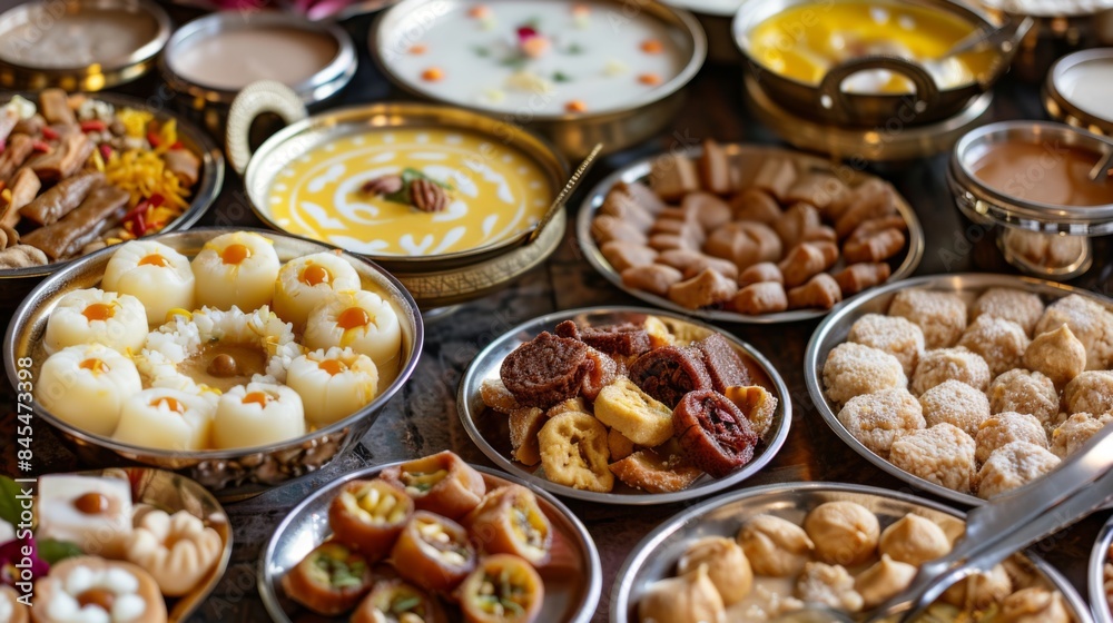 High-angle view of a traditional Indian dessert buffet with sweets like rasgulla, barfi, and kheer High-angle view of a traditional Indian dessert buffet with sweets like rasgulla, barfi, and kheer