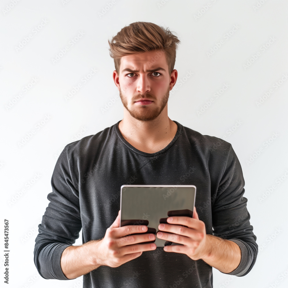 Man with a tablet on white background, man holding with both hands a copy of the same tablet Man with a tablet on white background, man holding with both hands a copy of the same tablet