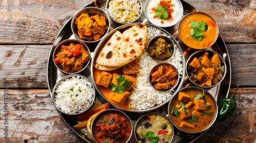 High-angle view of a traditional Indian thali meal with assorted curries, rice, bread, and pickles