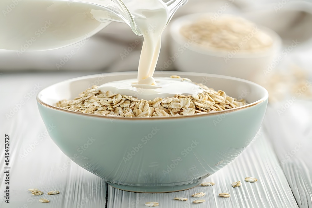 Breakfast with a View: Giraffe Pouring Milk into Oatmeal. Milk is poured into oatmeal in a bowl Breakfast with a View: Giraffe Pouring Milk into Oatmeal. Milk is poured into oatmeal in a bowl