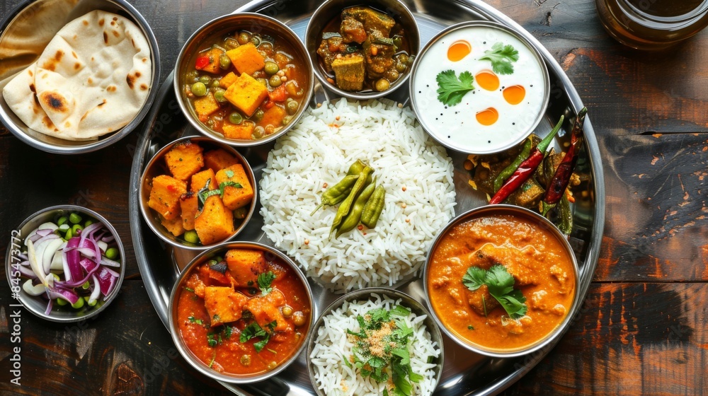 High-angle view of a traditional Indian thali meal with assorted curries, rice, bread, and pickles
