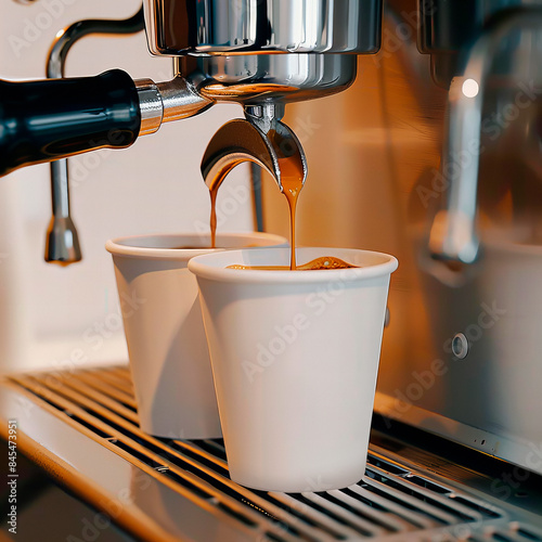 two paper coffee cups in espresso machine for design mockup