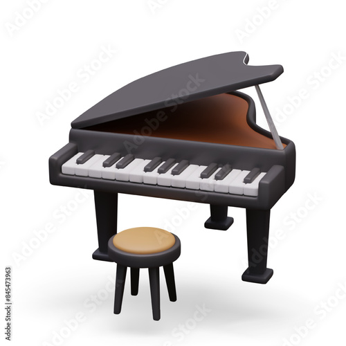 Black piano and stool. Keyboard musical instrument ready to perform