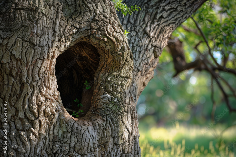 Obraz premium A tree with a hollow trunk, providing shelter to small animals and birds, creating a safe haven and representing protection, refuge, and nurturing care.