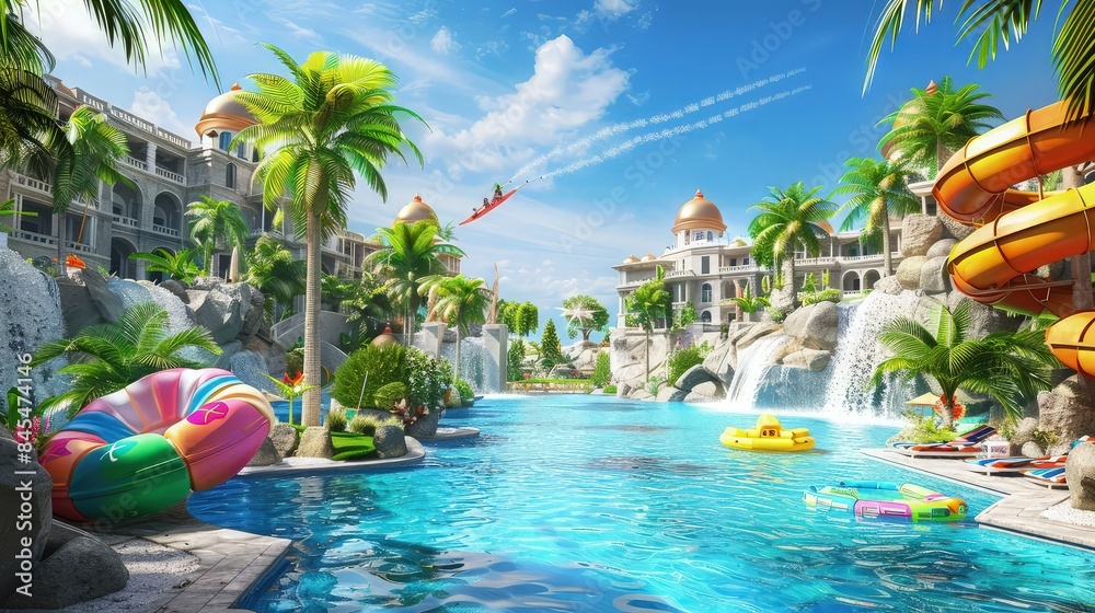 Fototapeta premium 3d graphics web poster collage of summer holidays advert advertise paradise pool hotel with water sport activities for kids family.