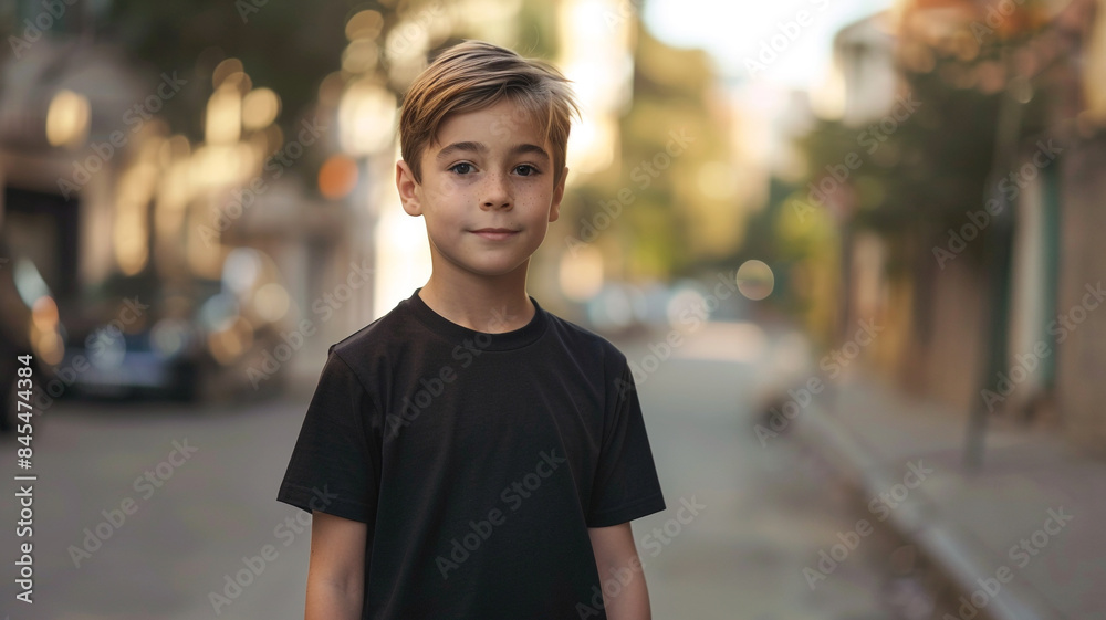 a young boy wearing a blank black t-shirt. - mockup. a young boy wearing a blank black t-shirt. - mockup.