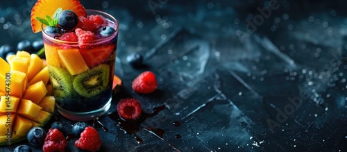 Colorful Rainbow Smoothie with a Variety of Tropical Fruits on a Dark Background photo