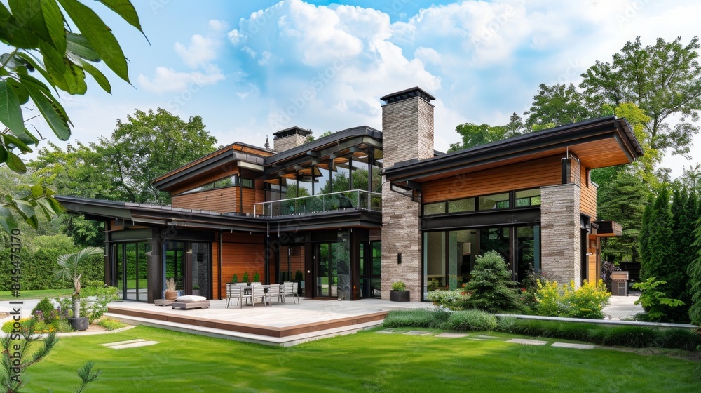 Beautiful new luxury real estate with front yard and driveway
