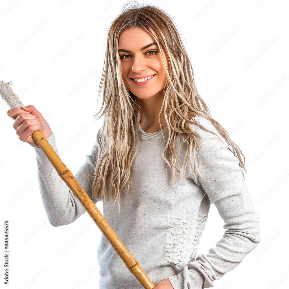 Woman showing a mop in a medical facility