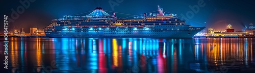 Cruise ship illuminated with patriotic colors, American flag, night scene, water reflections, Hyperrealism, Nightscape 8K , high-resolution, ultra HD,up32K HD