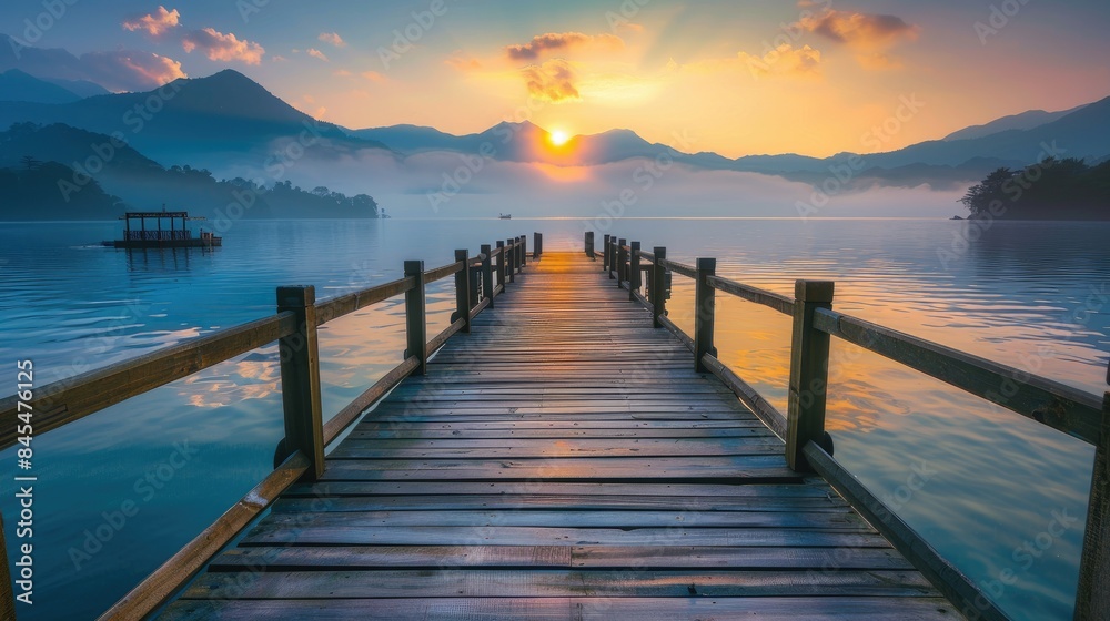 dock at the pier surround scenic view of mountain in the mist and sunrise at Sun moon lake dock at the pier surround scenic view of mountain in the mist and sunrise at Sun moon lake